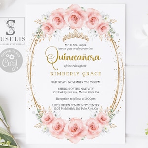 EDITABLE Quinceanera Invitation Template, Blush Pink Flowers, Gold Glitter, 15th Birthday, Sweet 16, Printable, Instant Download, QU166