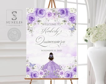 EDITABLE Quinceañera Welcome Sign Template, Lilac Purple Flowers, Birthday, Sweet 16, Signage, Mis Quince, Printable, Instant Download QU136