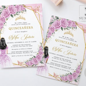 EDITABLE Quinceanera Invitation & Back Template, Blush Pink Flowers, Butterfly, Sweet 16, 15th Birthday, Printable, Instant Download, QU197