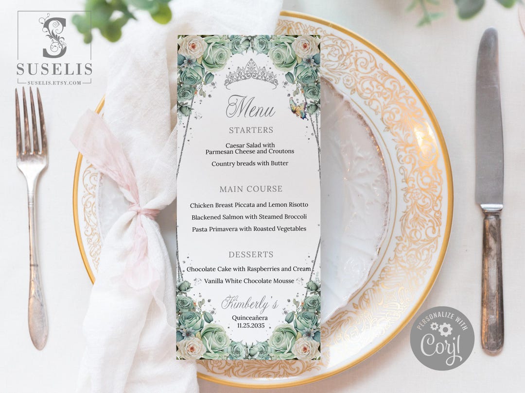 EDITABLE Menu Template, Quinceanera, Sage Green Flowers, Sweet 16 ...