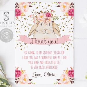 EDITABLE Template Some Bunny Birthday Thank You Card, Blush Pink Flowers, Rabbit, Party Thanks, Instant Download, Printable, Digital, 10-001