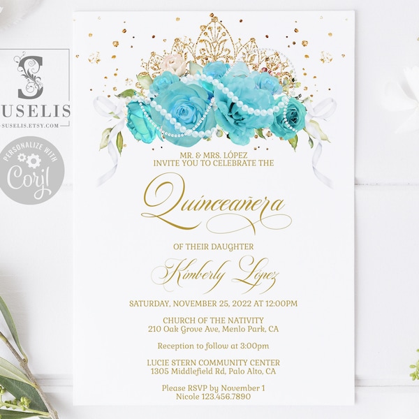 EDITABLE TEMPLATE Quinceanera Invitation, Pearls, Teal Turquoise Green Flowers, Mis Quince, Sweet 16, Printable, Instant Download, QU135