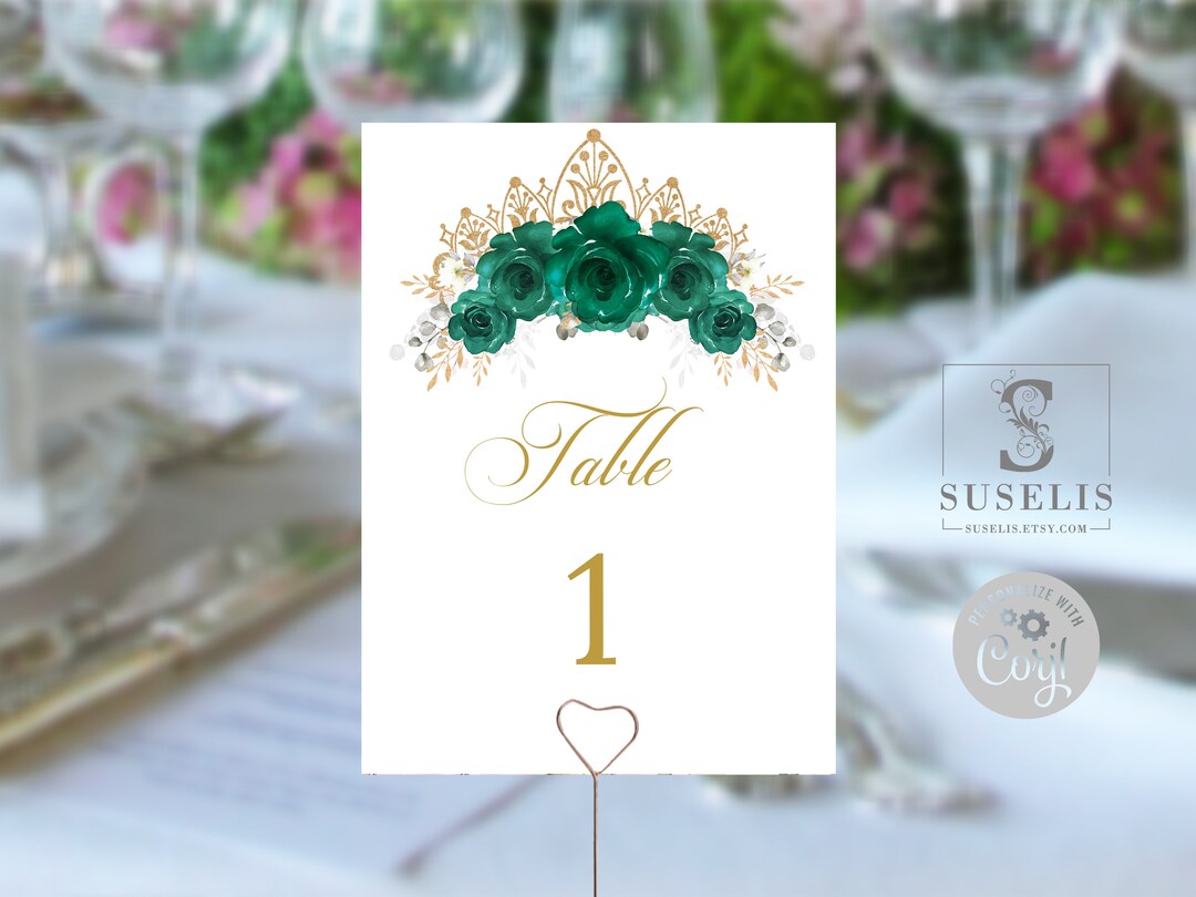 EDITABLE Table Numbers Template, Emerald Green Flowers, Quinceanera ...