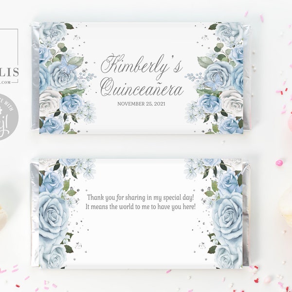 EDITABLE Chocolate Wrapper Template, Quinceañera Baby Blue Candy Bar, Mis Quince, Sweet 16, Wedding, Party Favors, Instant Download, QU181