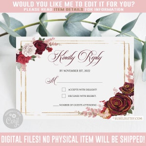 Editable RSVP Card, Kindly Reply, Red Gold Theme, Quinceanera, Birthday, Shower, Wedding, Corjl Template, Instant Download, DIGITAL QU101