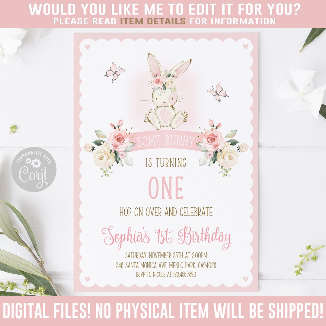 EDITABLE Some Bunny Birthday Invitation, Corjl Template, Watercolor ...
