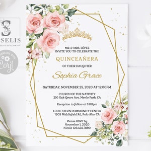 EDITABLE Quinceanera Invitation & Back Template, Blush Pink Flowers, Sweet 16, Mis Quince, Sweet Sixteen, Printable, Instant Download, SU022