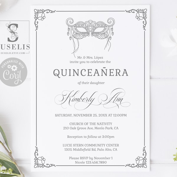 EDITABLE Masquerade Quinceanera Invitation Template, Silver Masquerade Mask, Sweet 16, 15th Birthday, Printable, Instant Download, QU219