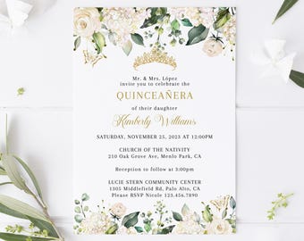 May include: A white Quinceañera invitation card featuring a gold tiara graphic, floral borders with cream roses and green leaves, and gold butterfly accents. The text includes event details for Kimberly Williams on 25 November 2023.