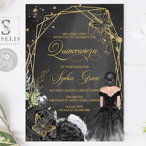 EDITABLE Quinceanera Invitation & Back Template, Gold Black Flowers, Butterfly, Mis Quince, Sweet 16, Printable, Instant Download QU069
