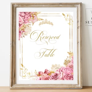 Panneau de table réservé imprimable, fleurs roses, papillon, quinceanera, Sweet 16, mariage, panneau de table, imprimable, téléchargement immédiat, QU121