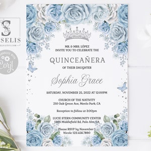 EDITABLE Quinceanera Invitation Template, Baby Blue Flowers, Sweet 16, 15th Birthday, Paperless Post, Printable, Instant Download, QU181