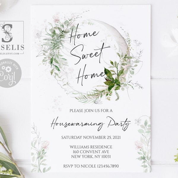 EDITABLE TEMPLATE Greenery House Warming Party Invitation, Eucalyptus Sage, New Home Invite, Instant Download, Printable, Digital, SU028