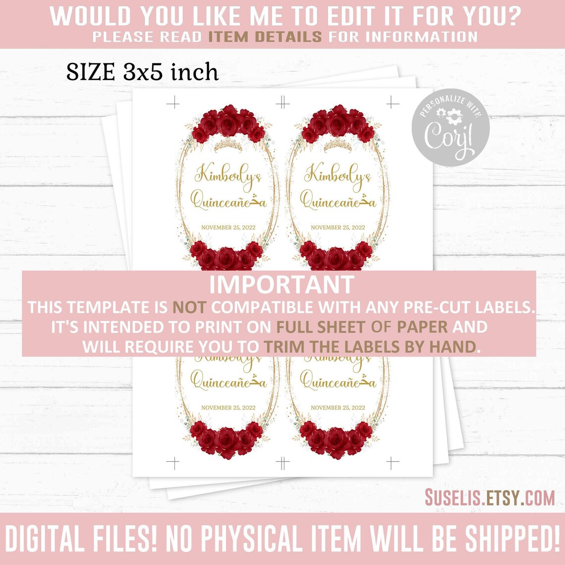 EDITABLE Wine Bottle Labels, Ruby Red Flowers, Quinceanera, Mis Quince ...