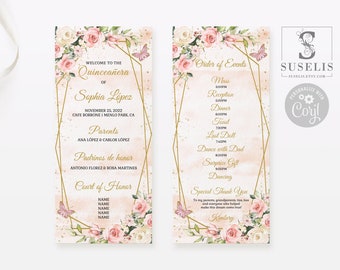 EDITABLE Program Template, Quinceañera, Blush Flowers, Butterfly, 15th Birthday, Sweet 16, Wedding, Mis Quince, Printable Instant QU054B