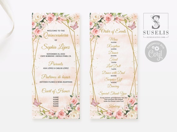 EDITABLE Quinceanera Invitation Back Template, Blush Pink Flowers,  Butterfly, Sweet 16, Mis Quince, Printable, Instant Download, QU054 