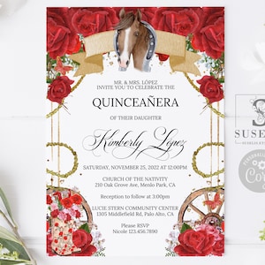 EDITABLE Western Quinceanera Invitation Template, Horse, Red Roses, Butterfly, Mis Quince, Sweet 16, Printable, Instant Download, QU146