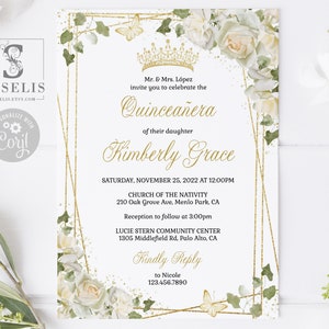 EDITABLE Quinceanera Invitation Template, White Roses Flowers, Sweet 16, 15th Birthday, Printable, Paperless Post, Instant Download, QU180