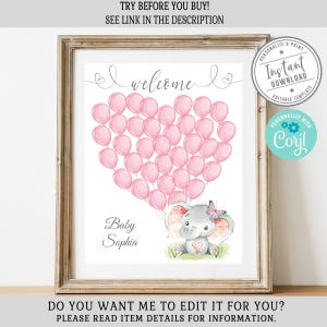 EDITABLE Baby Shower Guest sign, Corjl Template, Baby Girl Elephant, Blush Pink Balloons Theme, Guestbook, Instant Download, Digital, GB003