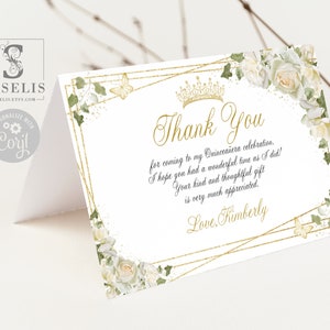 Editable Thank you Card, Folded, White Roses, White Flowers, Ivy, Mis Quince 15th Birthday, Corjl Template, Instant Download, QU180