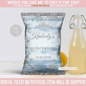 Editable Winter Quinceañera Chip Bag Template, Silver Snowflakes SU030