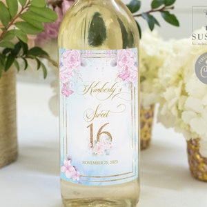 EDITABLE Wine Bottle Labels, Blush Pink Flowers, Sweet 16, Quinceanera, Favor labels, Corjl Template, Instant Download, Digital, SU043