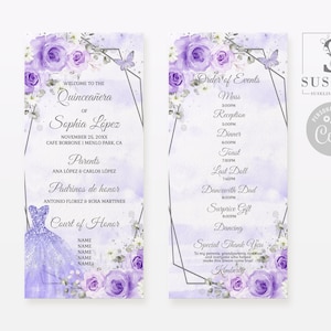 EDITABLE Program Template, Quinceañera, Lavender Flowers, Butterfly, 15th Birthday, Sweet 16, Wedding, Mis Quince, Printable Instant QU054R