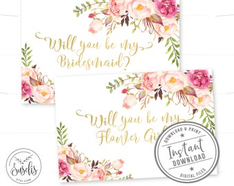 Will You Be My Bridesmaid set, Printable DIY, Wedding cards, Bridal Proposal, Gold text, Watercolor flowers Blush, Boho, DIGITAL FILE, WS12