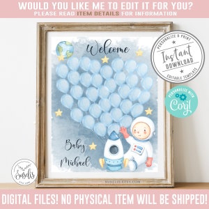EDITABLE Baby Shower Guest sign, Corjl Template, Astronaut, Stars, Galaxy, Blue Balloons Theme, Guestbook, Instant Download, BS201