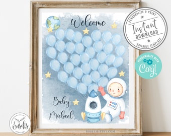 EDITABLE Baby Shower Guest sign, Corjl Template, Astronaut, Stars, Galaxy, Blue Balloons Theme, Guestbook, Instant Download, BS201