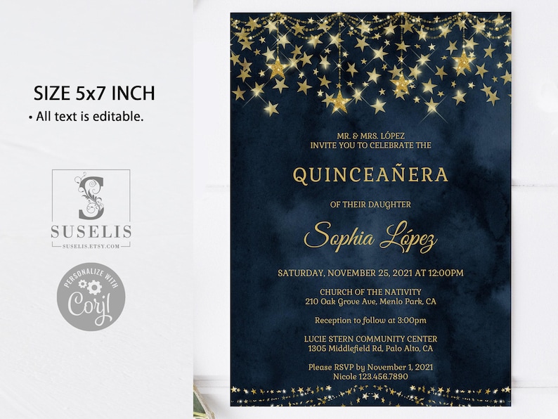 EDITABLE Starry Night Quinceanera Invitation Template, Blue Under the Stars, Mis Quince, Sweet 16, Printable, Instant Download QU103 image 2