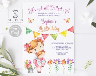 Editable Baby Doll Birthday Invitation, Little Girl Tea Party 10-084