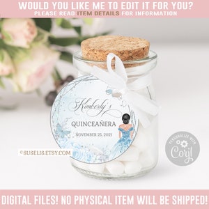 Editable Quinceanera Tag, Thank You, Silver Blue Gift tag, Mis Quince Anos, 15th Birthday, Butterfly, Corjl Template Instant Download QU069C