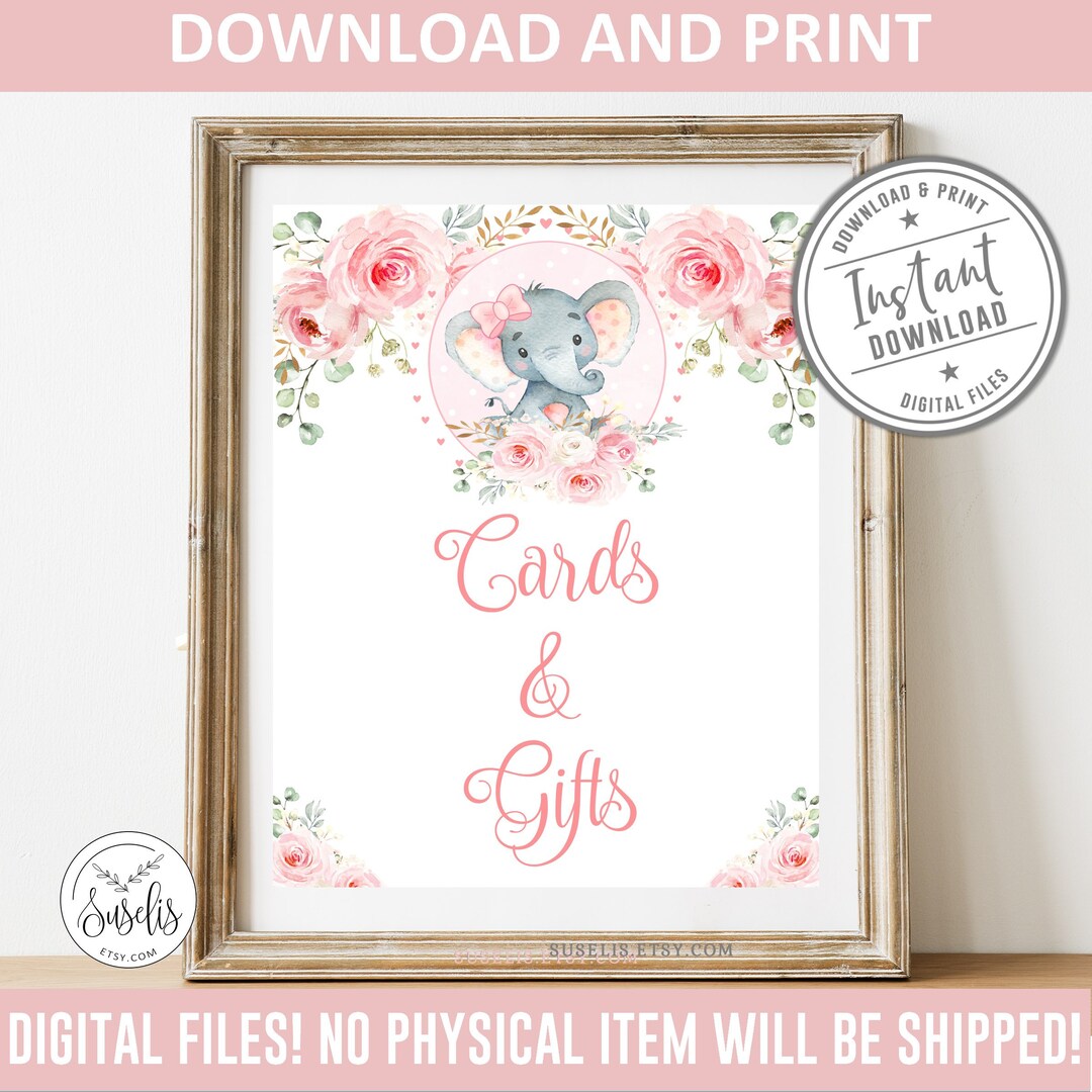 Printable Cards and Gifts Sign, Baby Elephant, Gifts Table Sign, Blush ...