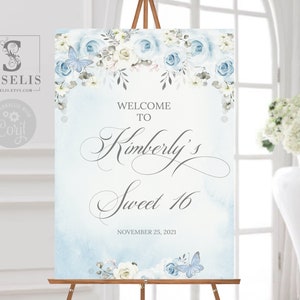 EDITABLE Sweet 16 Welcome Sign, Baby Blue Flowers, Any Event, Sweet Sixteen Signage, Printable, Corjl Template, Instant download, SW16019