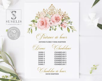 EDITABLE Lista de Padrinos Template, List of Godparents, Blush Pink Flowers, Quinceañera, 15th Birthday, Printable Instant Download, QU021
