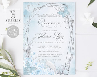 EDITABLE Quinceanera Invitation Template, Silver Blue Flowers, Butterfly, Mis Quince, Sweet 16, Printable, Instant Download, QU069