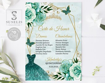 EDITABLE Court of Honor Template, Teal Flowers, Lista de Padrinos, List of Godparents, Butterfly, Mis Quince 15th Birthday, Instant QU054H