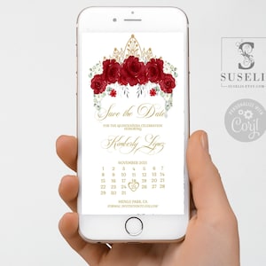 Editable Calendar Save the Date Evite Template, Text, Ruby Red Flowers, Save the Day, Mis Quince, 15th Birthday, Instant Download, QU091