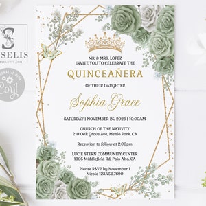 EDITABLE Sage Green Invitation & Back Template, Quinceanera, Sage Green Flowers, Mis Quince, Sweet Sixteen, Printable Instant Download QU181