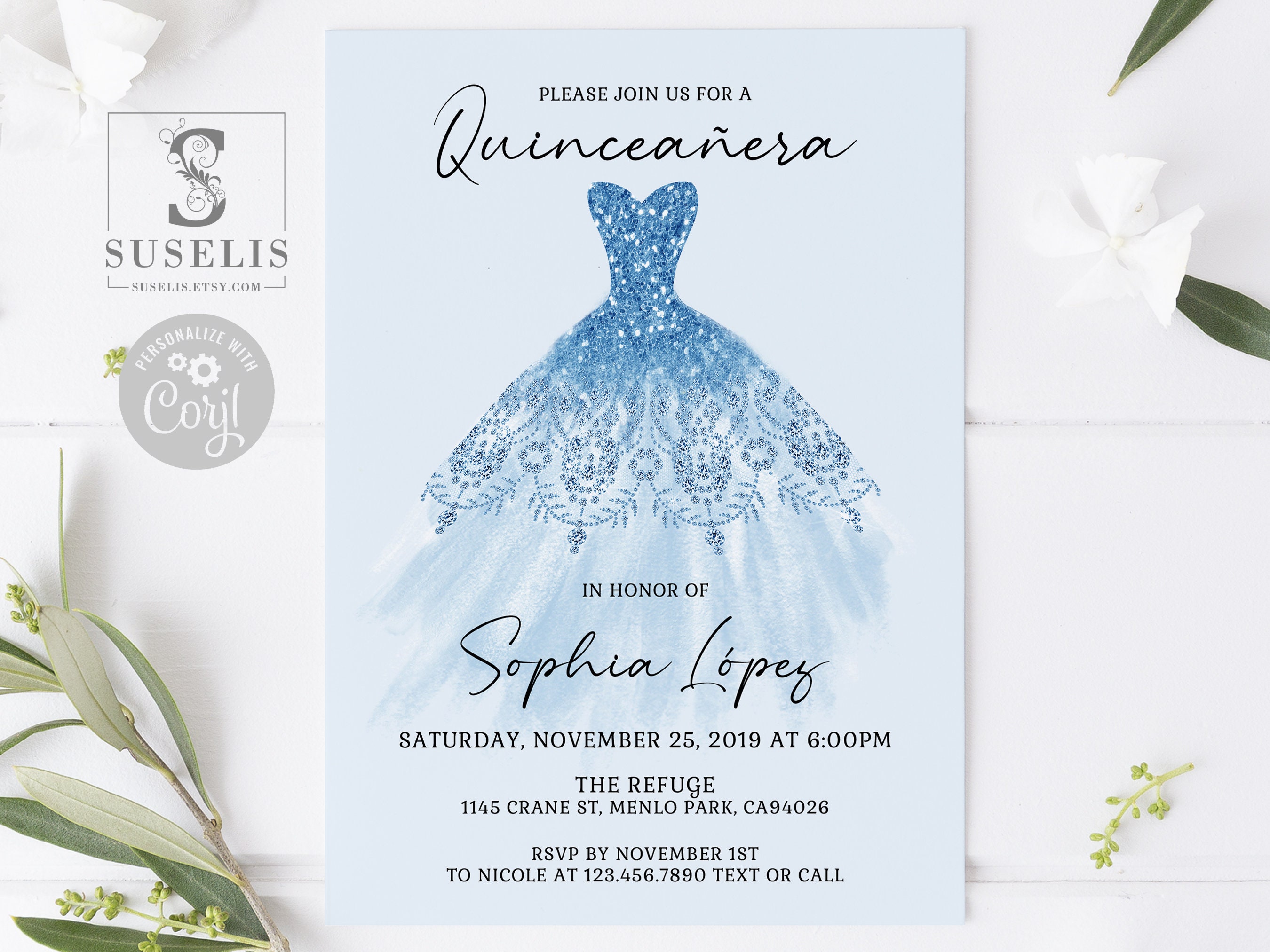 EDITABLE Quinceanera Invitation Template, Baby Blue Theme, Mis Quince, Sweet Sixteen, Sweet 16, Printable, Instant Download, QU007