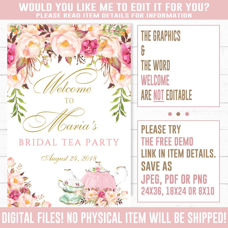 Editable to Tea Party Bridal Shower sign Corjl Etsy