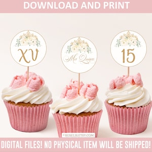 Printable Quinceanera Cupcake Toppers, Birthday, White Sage Green, Gift tag, Mis Quince, 15th Birthday, Instant Download DIGITAL QU021