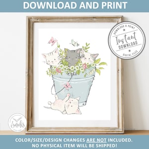 Printable Cat Print, Animal Nursery Sign, Watercolor Kittens Flowers, Girls room poster, Playroom art, Gift Kids, Instant Download, DIGITAL