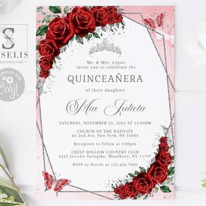 EDITABLE Quinceanera Invitation & Back Template, Ruby Red Roses Flower, Butterfly, Sweet 16, 15th Birthday, Printable Instant Download QU197