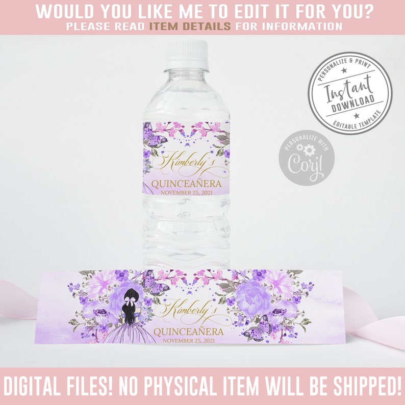 EDITABLE Water Bottle Labels Quinceanera Baby Shower Corjl Etsy