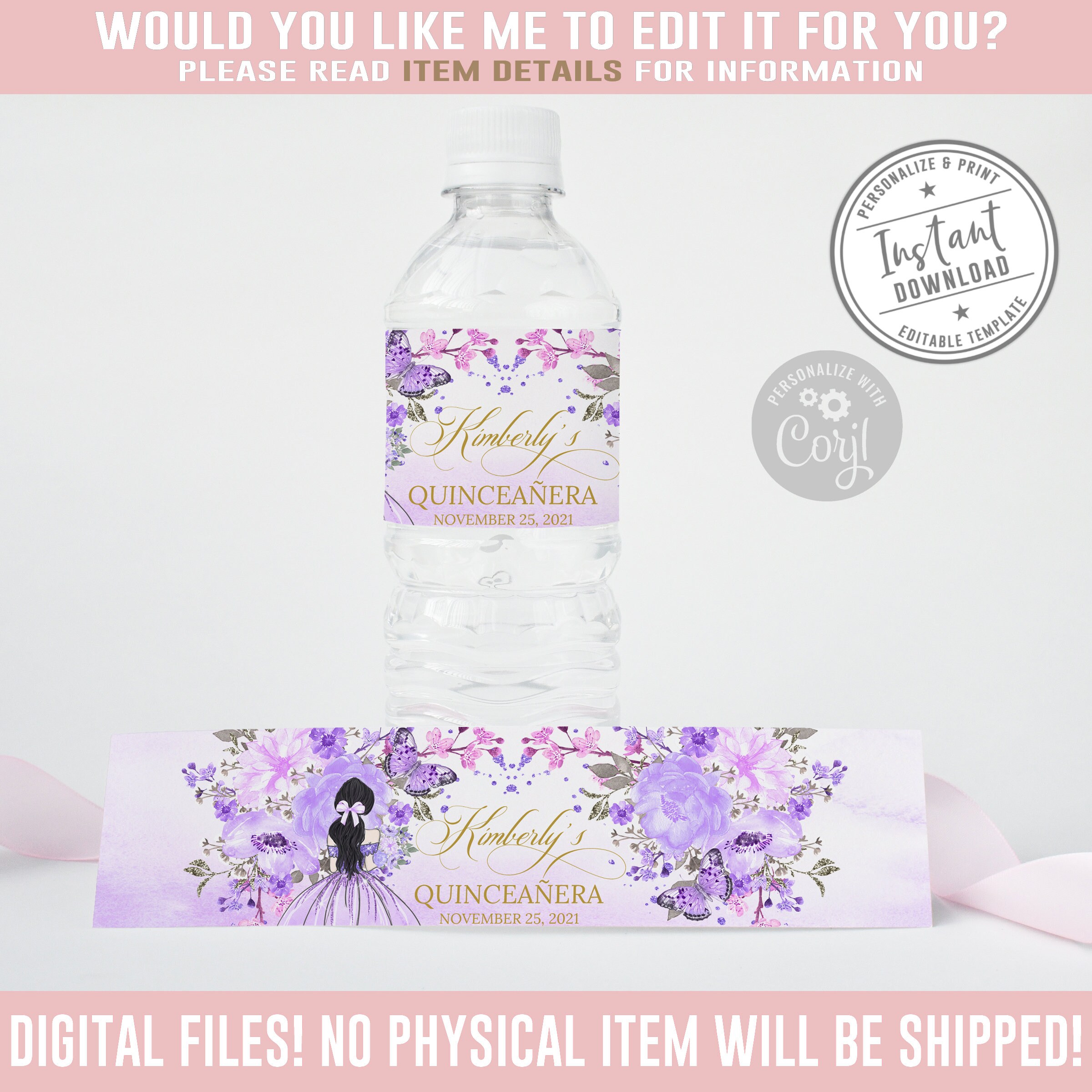 EDITABLE Water Bottle Labels Quinceanera Baby Shower ...