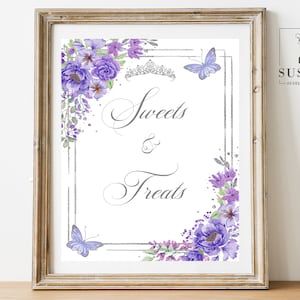 PRINTABLE Quinceanera Sweets & Treats Sign, Purple Pink Flowers, Desserts, Quinceanera, Sweet 16, Wedding Table Sign Instant Download, QU070