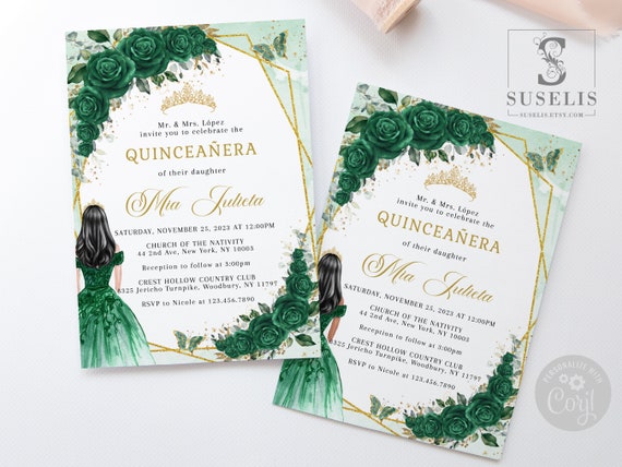 Emerald Green Quinceanera Invitation Sweet 16, Gold Foil Sweet Sixteen