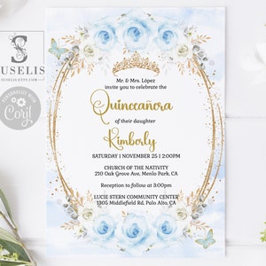 EDITABLE Quinceanera Invitation Template, Baby Blue Flowers, Gold Glitter, 15th Birthday, Sweet 16, Printable, Instant Download, QU166